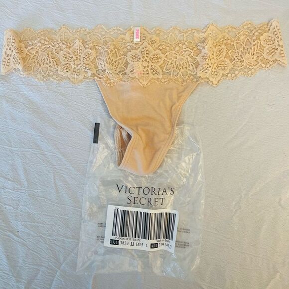 Victoria's Secret Other - Victoria's Secret Tong Panties Women SZ L Beige Lace New in bag